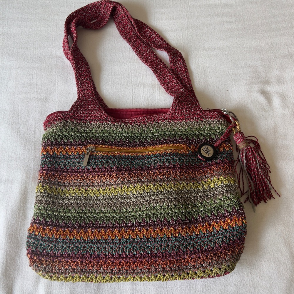 The Sak Crochet Knit Shoulder Bag Multicolor Boho Tassel Hobo Purse